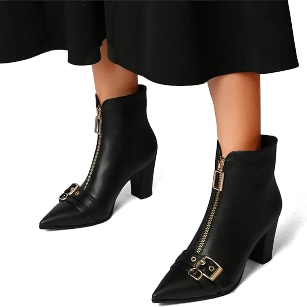 Pointed Toe Kitten Heel Boots-Women Black Booties Rivets Ankle Boot Fashion Shoe - Picture 2 of 5
